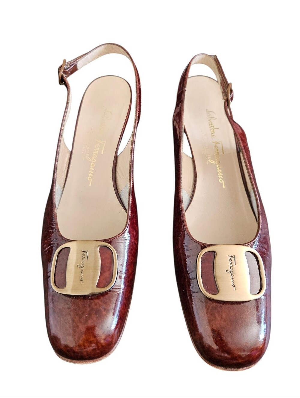 Vintage Salvatore Ferragamo Brown Patent Leather Slingback Pumps  Size 9.5